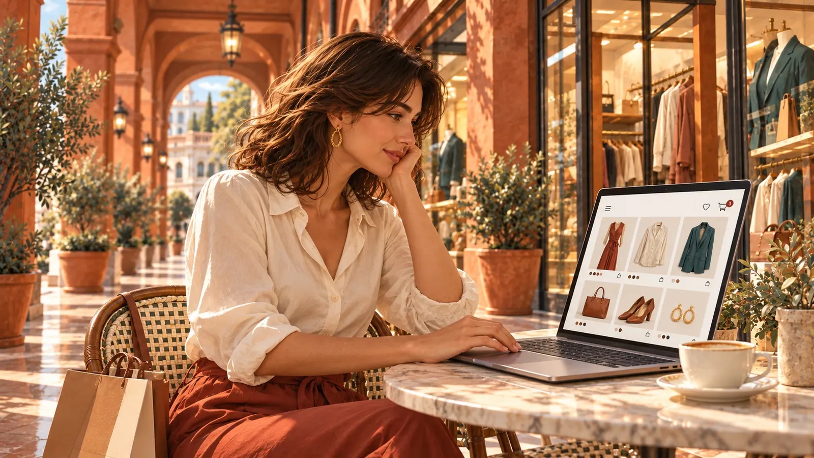 Shopper browsing clothes on a laptop outside a boutique