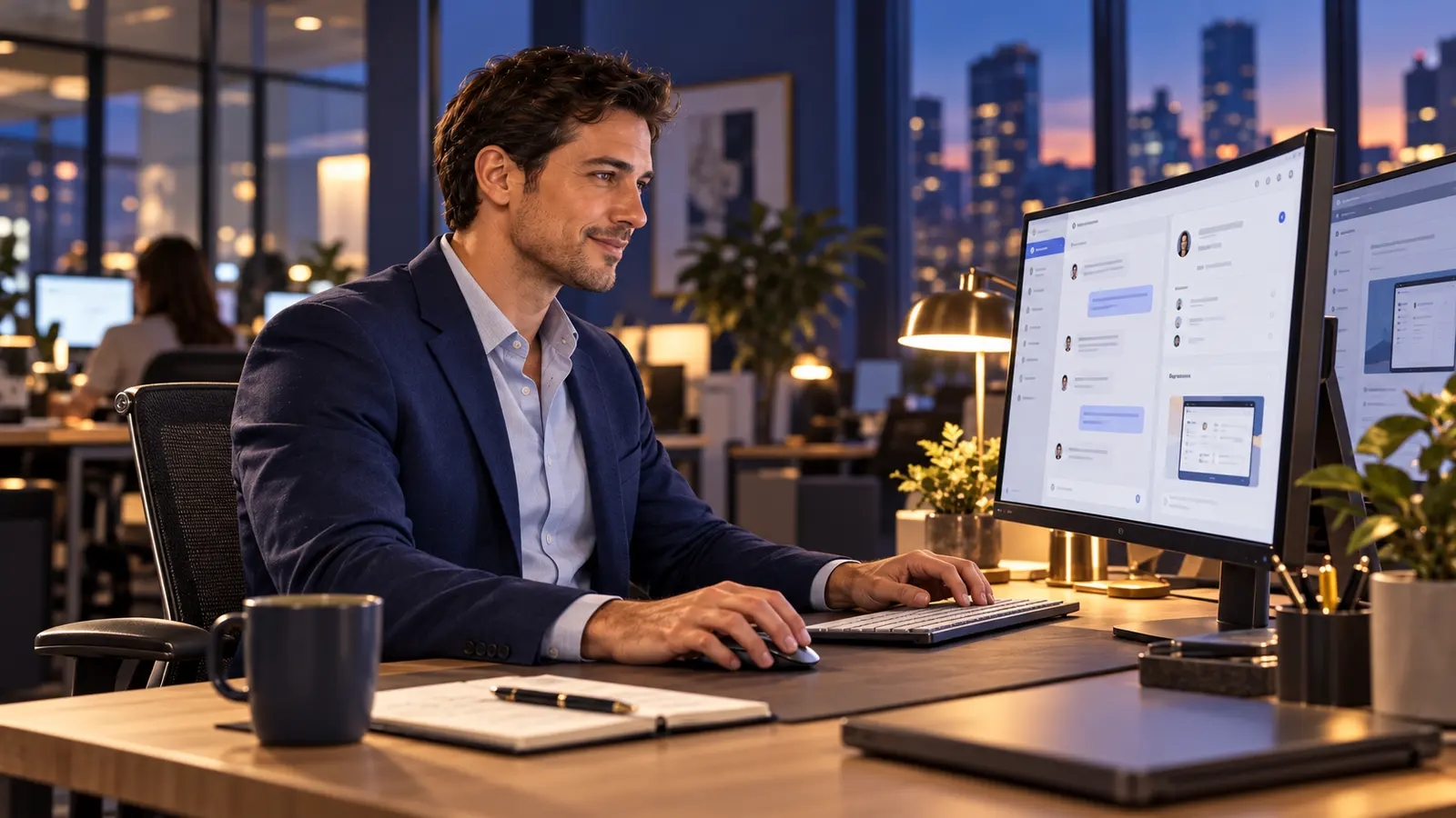 Founder reviewing customer messages on a desktop in a city office